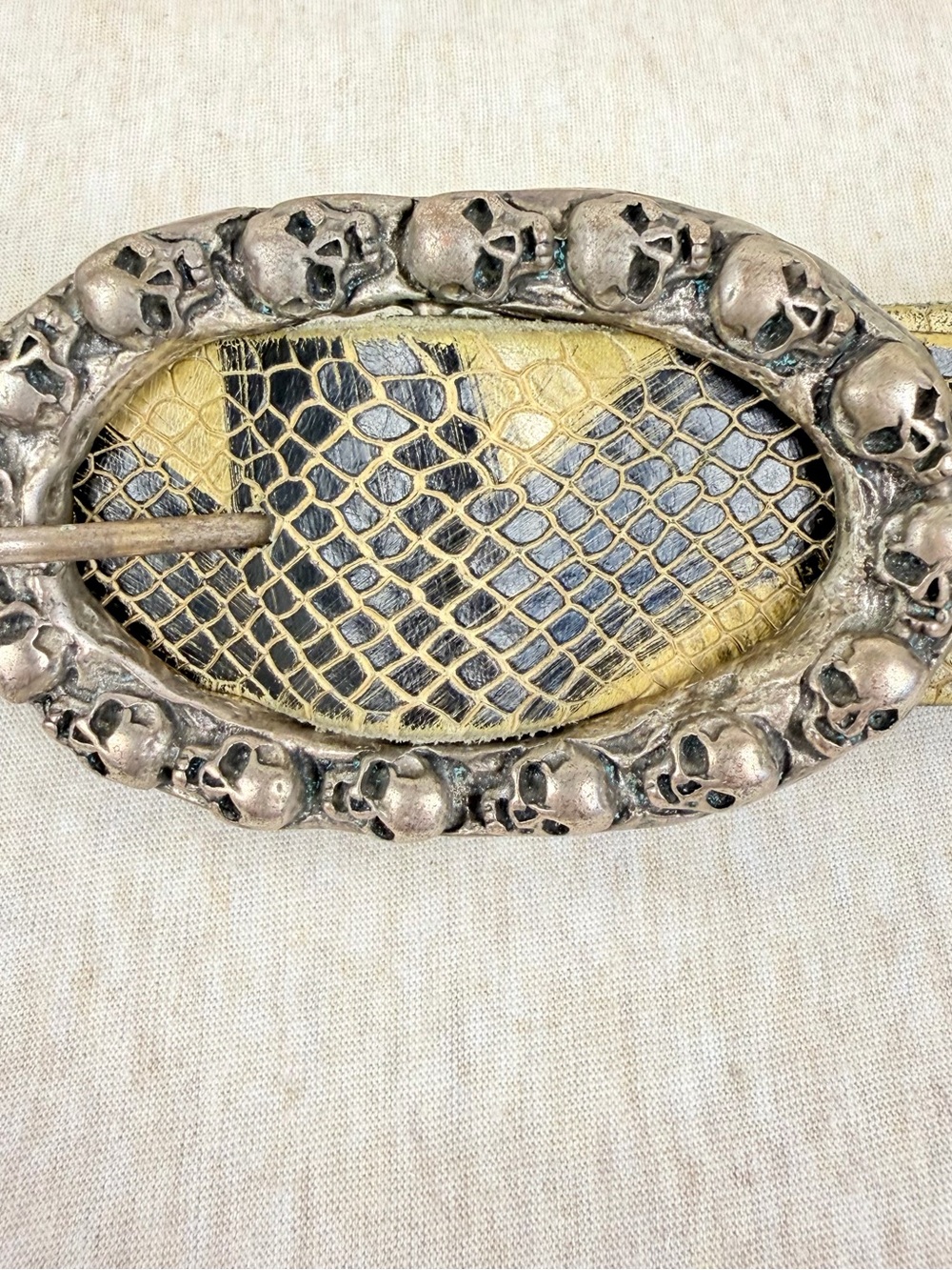 Tobacco Road Skull Buckle Belt Size 32 Italian Leather USA Gothic